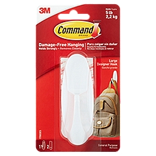 Command™ Large Designer Hook, White, 1 Hook, 2 Strips/Pack