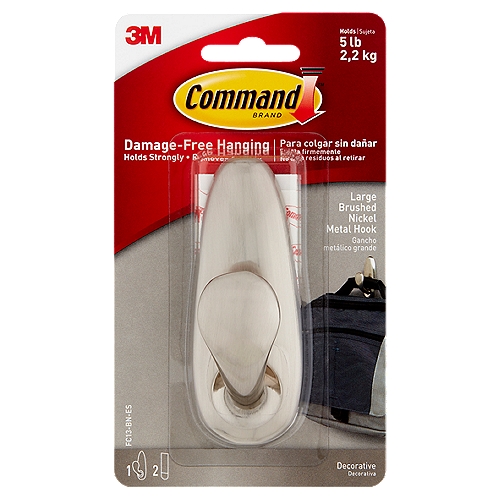 Command™ Large Forever Classic Hook, Brushed Nickel, 1 Hook, 2 Strips/Pack