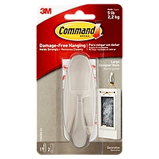 Command™ Large Designer Hooks, Brushed Nickel, 1 Hook, 2 Strips/Pack