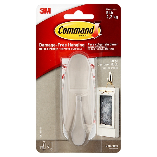 Command™ Large Designer Hooks, Brushed Nickel, 1 Hook, 2 Strips/Pack