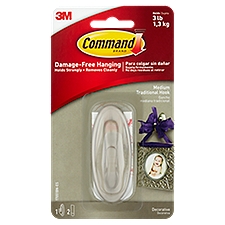 Command™ Medium Traditional Hook, Brushed Nickel, 1 Hook, 2 Strips/Pack