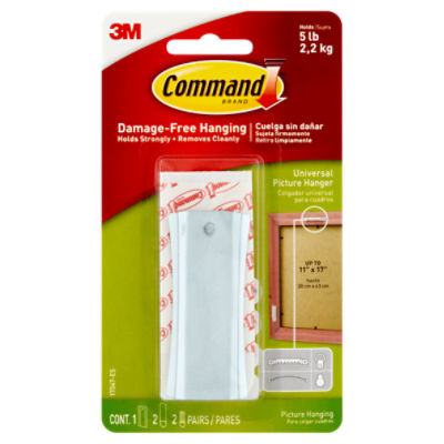 Command™ Universal Picture Hanger, White, 1 Hanger, 2 Large strips, 2 Sets of Mini Strips/Pack