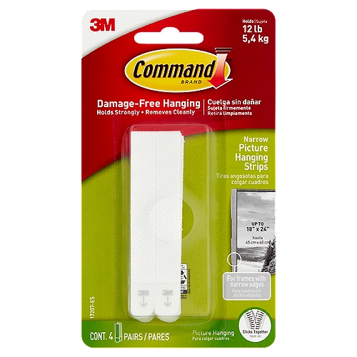 Command™ Narrow Picture Hanging Strips, White, 4 Sets of Strips