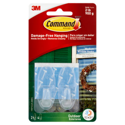 Command™ Outdoor Medium Clear Window Hooks, 2 Hooks, 4 Strips/Pack
