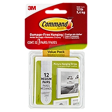 Command Brand Picture Hanging Strips, Medium White, 12 Each
