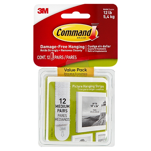 Command™ Medium Picture Hanging Strips, White, 12 Sets of Strips/Pack