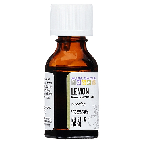 Aura Cacia Lemon Pure Essential Oil, .5 fl oz
Our Promise
• Single botanical
• No synthetics
• Tested for authenticity
• Not tested on animals

Expressed from the peel of Italian fruits, Aura Cacia lemon is fresh and fruity.

Use for
Renewing a clean living space.

Goes Well with
Eucalyptus, geranium, lavender

Aroma Note
Fruity top note
