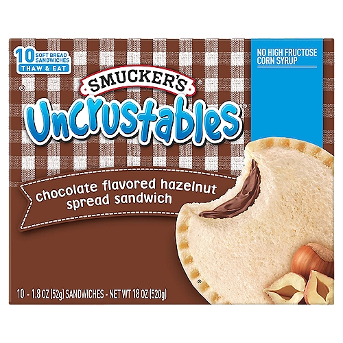 Smucker's Uncrustables Chocolate Flavored Hazelnut Spread Sandwich, 1.8 oz, 10 count
Soft Bread Baked Fresh
We bake our bread from scratch and freeze our sandwiches on the spot. So when they thaw, you can enjoy soft, delicious goodness in every bite.