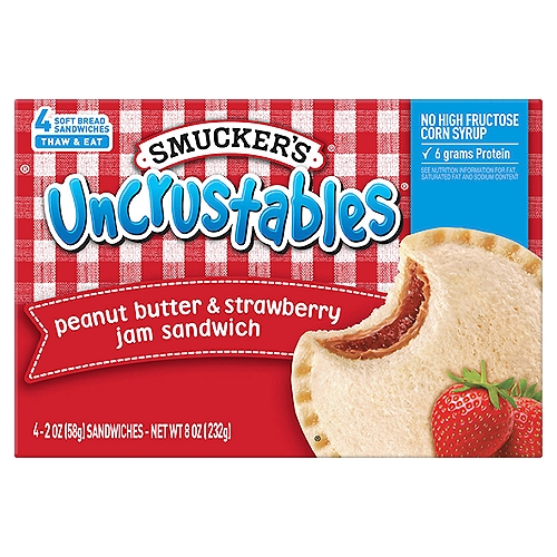 Smucker's Uncrustables Peanut Butter & Strawberry Jam Sandwich, 4 count, 2 oz
Soft Bread Baked Fresh
We bake our bread from scratch and freeze our sandwiches on the spot. So when they thaw, you can enjoy soft, delicious goodness in every bite.