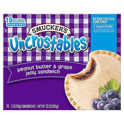 Smucker's Uncrustables Peanut Butter & Grape Jelly Sandwich, 2 oz, 10 count
Soft Bread Baked Fresh
We bake our bread from scratch and freeze our sandwiches on the spot. So when they thaw, you can enjoy soft, delicious goodness in every bite.