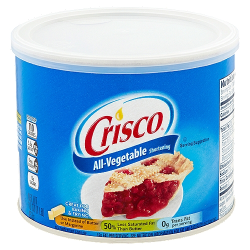 Crisco All-Vegetable Shortening, 16 oz
50% Less Saturated Fat than Butter
Crisco Shortening: 3.5g saturated fat per tablespoon.
Butter: 7g saturated fat per tablespoon.
Crisco Shortening contains 12g total fat per serving

Contains 710mg of ALA per serving, which is 44% of the 1.6g daily value for ALA.