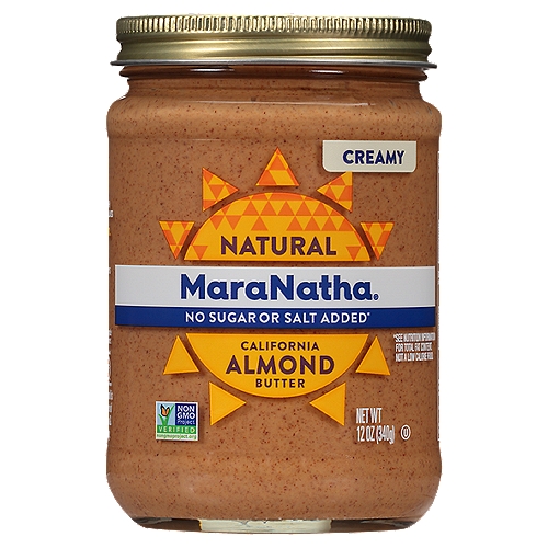 MaraNatha Creamy Natural California Almond Butter, 12 oz
No Sugar or Salt Added*
*See Nutrition Information for Total Fat Content. Not a Low Calorie Food.

It all starts with the California sun.
Our master roaster then roasts & double grinds our almonds in small batches. Our signature process delivers a distinct flavor, a velvety smooth texture, and an unforgettable taste.