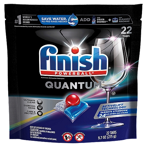 Finish Powerball Quantum Automatic Dishwasher Detergent, 22 count, 9.7 oz
Add Finish® Jet-Dry® for Drier Dishes** + Finish® Dishwasher Cleaner for Cleaner Machine
** vs using detergent only.

Care & Protect†
†For your glasses.

Finish® Quantum®, for our ultimate clean & diamond shine 1st time, every time. Its advanced chemistry with Activelift Technology is effective at breaking down all types of food residues, even stubborn 24 hour dried-on stains, without pre-rinsing. The tabs protect and care for your glassware wash after wash and helps them maintain their shine. Our ultimate performance with 15% less chemical weight than Finish's traditional pressed powder tablets††
††vs. Finish® Classic

3 Steps for perfect results‡
‡When used together.

Nothing but Dishwashing Expertise Inside
Free From
Chlorine Bleach

Ultimate Clean & Shine
Sodium Percarbonate - Releases Active Oxygen to Hygienically Clean
C12-C15 Alcohols Ethoxylated Propoxylated - Cuts Grease & Boosts Shine
Protease Enzyme, Amylase Enzyme - Breaks Down Protein & Starch Based Stains

For Care & Protection of Dishes & Machines
Tetrasodium Etidronate - Enhances Shine
Sodium Citrate - Softens Water

Helpers
Fragrance - Burst of Freshness
Colorant - Gives Color to the Tablet
Polyvinyl Alcohol - Water Soluble Film