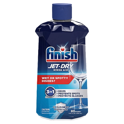 Finish Jet-Dry Rinse Aid, 8.45 fl oz
Wet or Spotty Dishes?
3in1
• Dries
• Prevents Spots
• Protects Glasses

80 Washes†
†Based on Average Rinse Agent Release of Leading Dishwashers.

Want Perfect Results?*
*When Finish® Quantum® and Finish® Jet-Dry® Are Used Together

Finish® Jet-dry® Rinse Aid is safe for septic systems