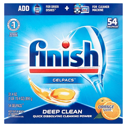 Finish Gelpacs Deep Clean Orange Scent Dishwasher Detergent Gelpacs, 54 count, 31.4 oz
Automatic Dishwasher Detergent

Add Finish® Jet-Dry® for drier dishes†† + Finish® Dishwasher Cleaner for cleaner machine
††vs using detergent only

3 Steps for Perfect Results†
1. Clean it. Finish® Deep Clean Gelpacs® cuts through grease
2. Dry it. Finish® Jet-Dry® dries dishes & prevents spots
3. Maintain it. Finish® Dishwasher Cleaner cleans & freshens the machine for clean dishes
†When used together