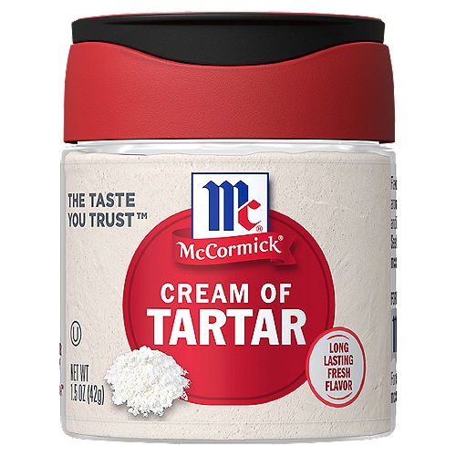 Cream of tartar is an all-natural ingredient essential to holiday baking. It adds texture, volume and lift to beaten egg whites in angel food cake, meringue shells, meringue for pies and 7-minute frostings, resulting in light and fluffy holiday desserts. Cream of tartar, also known as tartaric acid, is a byproduct left after the fermentation of grapes into wine. This tasteless baking necessity stabilizes beaten egg whites in desserts and egg dishes. A pinch of cream of tartar also helps prevent homemade whipped cream from deflating. To make your own baking powder, simply mix 1/2 tsp. cream of tartar and 1/4 tsp. each baking soda & cornstarch. You can also make a gentle cleaner for copper cookware by mixing cream of tartar with a little water into a paste.