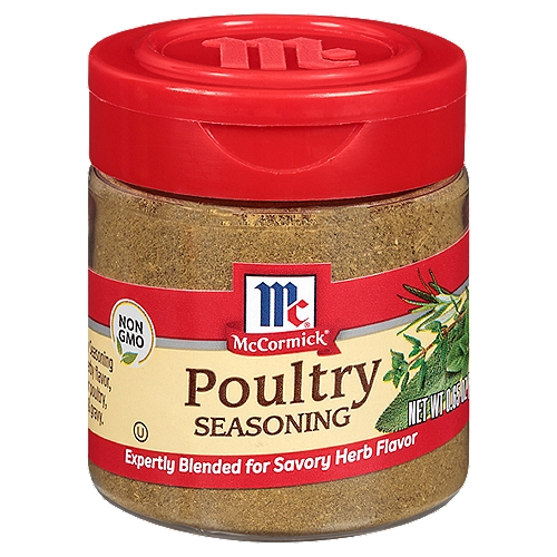 Expertly blended for savory herb flavor, McCormick Poultry Seasoning is a mix of thyme, sage and other herbs and spices. Its bold herby flavor is perfect for poultry, holiday stuffing and gravy. This appealing seasoning blend adds nuanced depth to so many chicken dishes, including roast chicken, fried chicken, pot pies, stews and chicken salad. It wouldn't be a traditional Thanksgiving without a roast turkey or holiday bread stuffing seasoned just right with Poultry Seasoning. Its uses stretch beyond just poultry and holiday dishes. Add it to spice rubs and marinades for beef, pork, veal, roasted goose, and lamb. McCormick Poultry Seasoning can also be added to flavor veggie or meat burgers, meatloaf, Sunday roast and roasted vegetables. It adds rich, savory flavor to soups, gravies and casseroles.