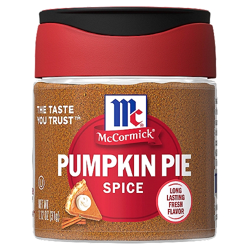 McCormick Pumpkin Pie Spice, 1.12 oz
A McCormick original since 1934, there's nothing quite like the warm taste of pumpkin pie spice! It brings the spicy-sweet flavor of cinnamon and ginger to desserts, drinks and savory dishes. It's not autumn without McCormick Pumpkin Pie Spice! Featuring a warm, complex sweetness and delicate spices, this blend of cinnamon, ginger, nutmeg and allspice adds homemade flavor to sweet recipes, like spice cakes, cookies, streusel toppings and of course, pumpkin pie. It also shines in beverages  ̶  add to lattes, smoothies and hot chocolate. Savory dishes benefit from a sprinkle of pumpkin pie spice. Try it on roasted sweet potatoes, carrots or acorn squash. Spice up breakfast by adding a pinch to pancakes, muffins and oatmeal.