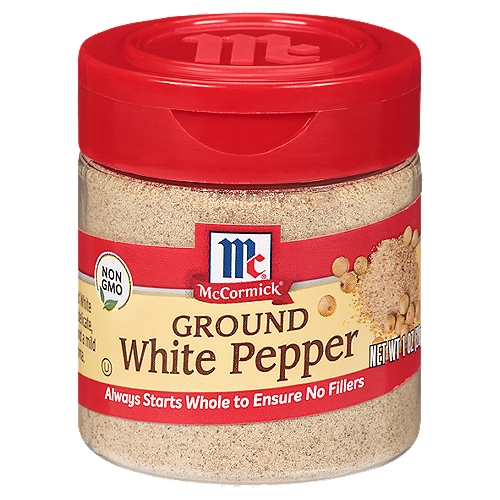 McCormick Ground White Pepper, 1 oz
No kitchen should be without the delicate, earthy heat and mild floral aroma of McCormick Ground White Pepper. It is the perfect alternative to black pepper for white or lighter-colored foods like mashed potatoes, cream soups and white sauces. McCormick Ground White Pepper always starts with the whole berries of the pepper vine to ensure that there are no fillers. The berries are picked when ripe and soaked in water to remove the outer husks. The remaining white peppercorn is then dried and ground. Its mild pepper flavor is ideal for seasoning chicken, seafood and pasta. The subtle heat of white pepper is preferred in Asian cuisine, where it is added to stir-fries, marinades and soups, like Hot & Sour Soup.