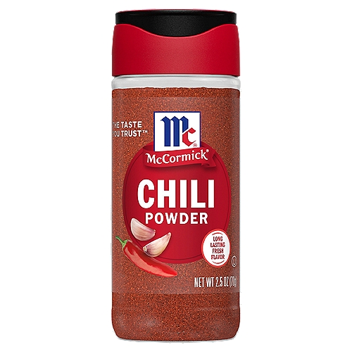 McCormick Chili Powder, 2.5 oz
Our complex blend of herbs and spices adds earthy depth to savory dishes. Use in homemade chili or as a rub for meat.

Want to get your next pot of chili off to a super-delicious start? Begin with McCormick Chili Powder: a complex blend of ripe peppers, herbs and spices. It'll set the stage for your own take on any Mexican, Tex-Mex or Southwestern dish. While there are as many chili recipes as there are cooks, there's also an essential starting point  ̶  an earthy, robust, well-balanced flavor to set the stage for your own special additions. Our chili powder begins with whole, ripe peppers, toasted and mixed with garlic, salt and herbs and spices like cumin and oregano. Homemade chili is just one of its many uses. Add to spice rubs for pork ribs, steak and chicken wings. Stir into ground beef with onions and garlic as a base for nachos, tacos or burgers.