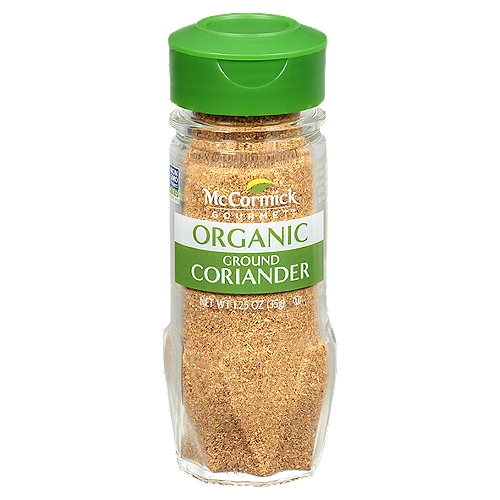 McCormick Gourmet Organic Ground Coriander, 1.25 oz
Warm and sweet with a hint of lemon, coriander is used in sweet and savory dishes. It flavors soups and stews as well as roasted meats and poultry.

Warm and sweet with a hint of lemon, aromatic coriander is used to flavor sweet and savory recipes. McCormick Gourmet Ground Coriander is sourced for superior quality and is certified organic and non GMO. Coriander seed is from the same plant that produces cilantro leaves. This versatile spice adds subtle notes of citrus to Indian, Southeast Asian, Mexican and North African dishes. It enhances lentils, curries, stews, chili, sausage, roasted meats and couscous. Ground coriander is often paired with cumin in spice blends including garam masala and Moroccan Ras el Hanout. Coriander's flavor is also described as sweet and floral - perfect for adding spicy warmth to sweet breads and desserts like apple pie, spice cookies and cakes.