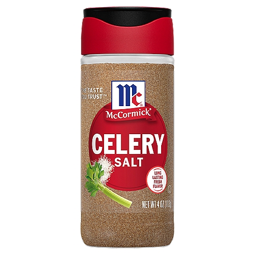A classic blend of celery seed and salt, McCormick Celery Salt adds zest to your favorite recipes. It brings fresh flavor to salads and dips. Our celery salt always starts with whole celery seeds. It adds a crisp celery flavor to your favorite summertime dishes like cucumber salad with dill, deviled eggs, and mayo-based chicken, tuna, pasta and potato salad. It also makes a great coleslaw seasoning. For delicious savory taste your family will love, use our celery salt on roast meats and poultry or meatloaf. Replace plain salt with our homestyle blend of dried celery seed and salt in soups and stews. Celery salt is a must in tomato juice and homemade Bloody Marys. For an extra layer of flavor and texture, use it to rim the beverage glass. Packaging may vary.