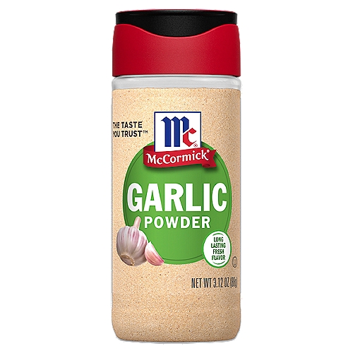 McCormick Garlic Powder, 3.12 oznMcCormick Garlic Powder is always made from fresh, whole garlic cloves that have been dried and ground. It brings smooth, balanced warmth and complexity to savory dishes like soups, stews, stir-fries, rubs, sauces and marinades. Garlic powder makes it easy to bring garlic's rich essence to any recipe. Its flavor is mellower and deeper than raw garlic, yet equally robust. Powdered garlic disperses completely and evenly into your dishes. Garlic is an essential seasoning in so many cuisines, including Italian, Greek, Chinese, Korean and Mexican. Any dish with ground beef  ̶  meatballs, meatloaf, chili, burgers, tacos  ̶  is a great candidate for garlic powder. Use 1/4 tsp. garlic powder in place of 1 clove of fresh garlic.