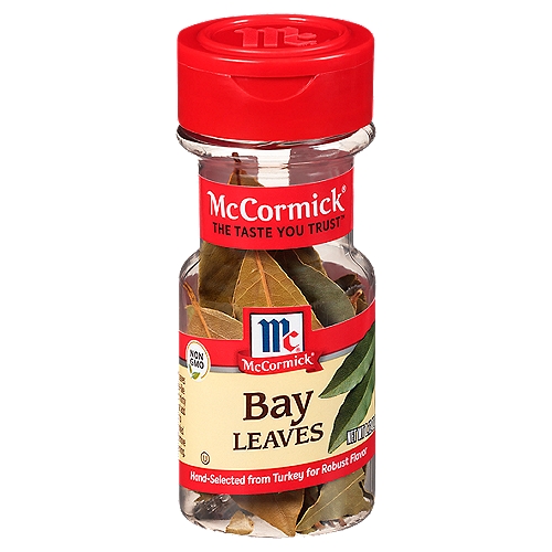 McCormick Bay Leaves, 0.12 oz
McCormick hand-selects its bay leaves from Turkish-grown bay trees, a member of the laurel family. Indispensable to most cuisines, especially French, Mediterranean and Indian, they add robust flavor all kinds of meat and vegetable dishes, soups and sauces.  Our Bay Leaves have a tea-like flavor and minty aroma that add depth to slow-cooked dishes. They release their flavor slowly, so add them at the beginning of the cooking time. Just be sure to remove them before serving. Prized for their savory flavor, bay leaves are essential in recipes for roast chicken or turkey, pot roast, soups and stews. They enrich bean dishes, tomato sauces, pickling liquids and marinades. Add bay leaves to the water for boiling potatoes when making mashed potatoes.