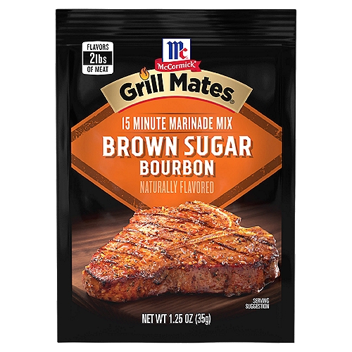 McCormick Grill Mates Brown Sugar Bourbon Marinade Mix, 1.25 oz
Backyard barbecues just got juicier and more delicious with McCormick Grill Mates Brown Sugar Bourbon Marinade Seasoning Mix. This sweet marinade seasoning features a blend of brown sugar, bourbon and natural herbs and spices, like red pepper and garlic, that will keep your guests coming back for more! Simply combine one marinade packet with ¼ cup oil, 2 tablespoons water and apple cider or white vinegar with two pounds of chicken, beef, pork or shrimp, marinate, grill and enjoy a memorable, mouthwatering meal.