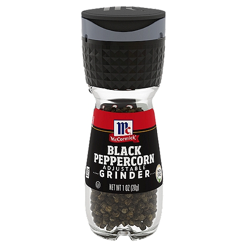 McCormick Black Pepper Grinder, 1 oz
Enjoy freshly ground pepper wherever you need it with this McCormick Black Peppercorn Grinder. This pantry staple adds fresh, bold flavor to almost any dish. Simply twist the built-in grinder to add just the right amount of pepper. You can even select fine, medium or coarse grind.
Freshly ground, pepper delivers enhanced flavor and aroma to tossed salads or steamed veggies. Also, you can rub pepper on beef, chicken or pork, or sprinkle on pasta, salads, vegetables or soups. Black pepper is one of the most versatile spices in the world and this grinder will be there for you when you need it.