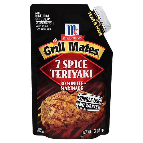 Treat the whole crew to epic flavor right off the grill. All it takes is 30 minutes and a packet of McCormick Grill Mates 7 Spice Teriyaki Singe Use Marinade. The spicy blend of soy sauce, red and black peppers, ginger and garlic is made with McCormick spices and no high-fructose corn syrup.