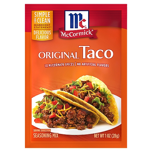 Turn dinner into fun-filled fiestas with tacos made with McCormick Original Taco Seasoning Mix. Sprinkle our signature blend of zesty seasonings, including onion, garlic, chili pepper and oregano, on your choice of ground beef or turkey for a hearty meal that's ready to serve in just 15 minutes. McCormick Original Taco Seasoning Mix is the perfect choice for weekly taco nights! It also adds the vibrant flavors of the Southwest to family-pleasing dinners like taco casserole, chicken wings, burgers and taco mac ‘n cheese. Made with no artificial flavors and no added MSG, use our taco mix knowing that you're serving nothing less than the best.