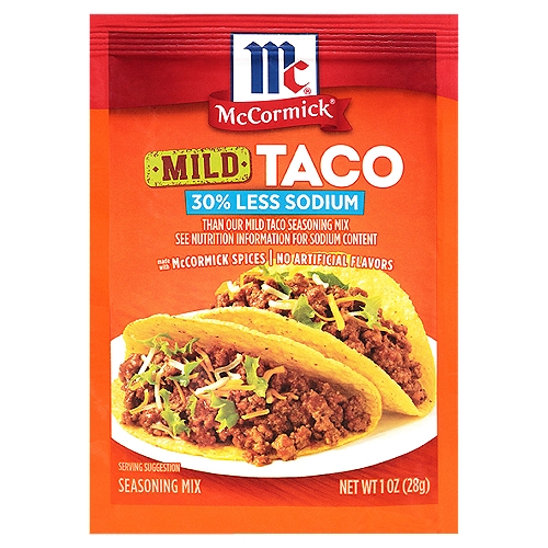 Up your taco night game with McCormick 30% Less Sodium Mild Taco Seasoning Mix. It's got the same great south-of-the-border flavor as our original taco mix, but with 30% less sodium! Perfect for ground beef, turkey or even veggie tacos, any night of the week.nnIt doesn't get any easier than this convenient taco seasoning. All the flavorful Southwest seasonings, including chili pepper and cumin, in one packet, ready for creating tasty taco filling. Simply cook with your protein of choice or vegetables and serve with warm tortillas or crunchy taco shells and your favorite toppings. Made with no artificial flavors, added MSG or dairy ingredients, use our Less Sodium Taco Seasoning knowing that you're giving your family the very best.