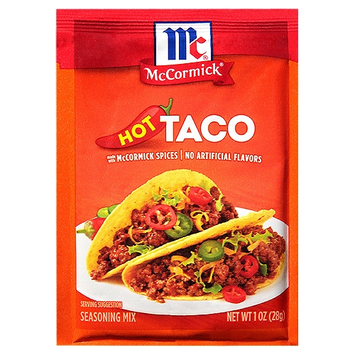 Treat your taste buds to a little fire! Made with chili peppers, cumin and cayenne, McCormick Hot Taco Seasoning Mix is a spicier, kicked-up version of our original Taco blend, ready to bring heat and flavor to beef, chicken or vegetarian tacos. Heat-lovers will go crazy for this signature blend of hot herbs and spices, ready for creating tasty, spicy taco filling. Simply cook with your favorite protein or vegetables and serve with warm tortillas or crunchy taco shells and your favorite fresh toppings. (Margaritas optional!) Made with McCormick herbs and spices and no MSG or artificial flavors, you can cook with our Hot Taco Seasoning knowing it's the very best.