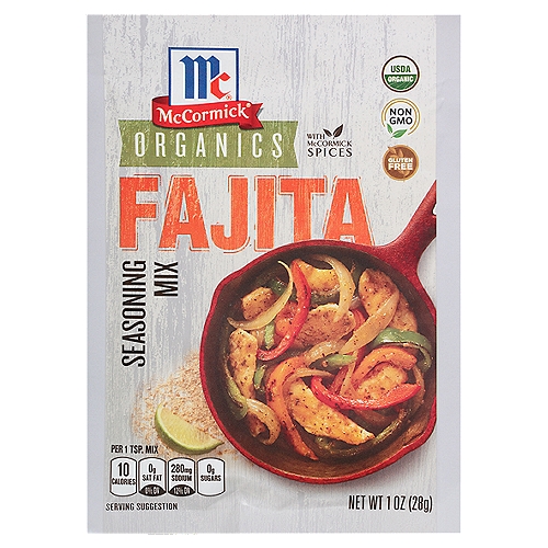 McCormick Organics Fajita Seasoning Mix, 1 oz
McCormick Organics Fajita Seasoning Mix is a zesty blend of authentic Mexican seasonings that makes preparing delicious fajitas a snap. Just add chicken, beef or veggies to this USDA-certified organic mix for fajitas you'll feel good about serving your family. Made with McCormick herbs and spices like oregano, cumin and garlic, this seasoning blend gives you real-deal fajita flavor. With fresh meat and vegetables - chicken or beef plus bell peppers and onions - dinner is on the table in less than 30 minutes. So easy and convenient, you'll want to keep a few packets in your pantry for impromptu family fiestas. And it's made with quality ingredients and seasonings that are gluten free, non GMO and certified organic!