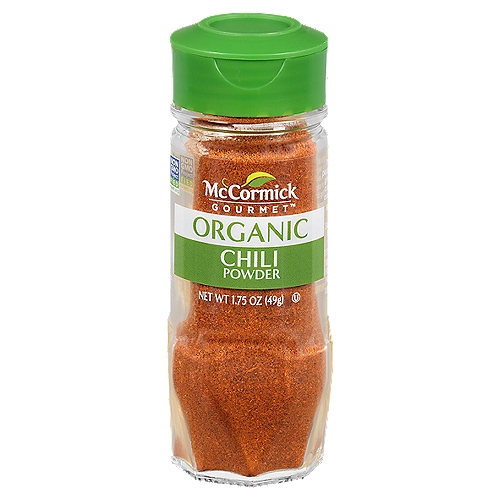 McCormick Gourmet Organic Chili Powder, 1.75 oz
This blend of chili pepper, garlic and other spices gives a deep rich flavor and color to Southwestern dishes such as chili, tacos, and beans. Use McCormick Gourmet Organic Chili Powder to season chicken, pork, or beef before roasting or grilling.