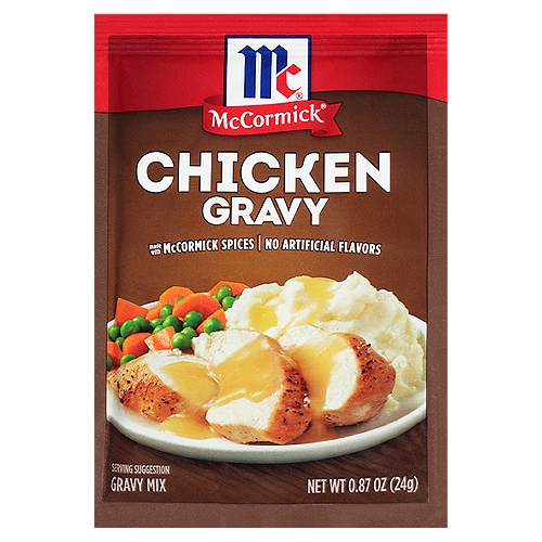 McCormick Chicken Gravy Mix, 0.87 oz
For holidays or every day, McCormick Chicken Gravy Seasoning Mix makes delicious homemade gravy that's sure to be a hit with everyone at the table. Our hearty gravy is ready to pour over chicken, mashed potatoes and stuffing in just 5 minutes.

Smooth, savory gravy is a snap to prepare  ̶  simply stir 1 pkg. mix and 1 cup water in a saucepan and simmer for 1 minute. It's perfect for weeknight baked chicken or hot chicken or turkey sandwiches. Also great as a recipe starter for pot pies and casseroles. Our Gravy Mix is made with McCormick spices and contains no artificial flavors or added MSG*, so you can drizzle it over chicken, turkey and side dishes knowing you're serving your family the very best. 
*Except those naturally occurring glutamates.