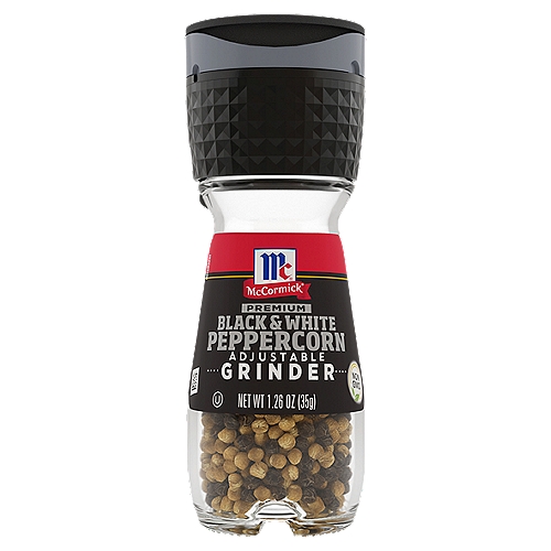 Bold combination of both black and white peppercorns. Woody, black pepper heat. Earthy taste and aroma from white pepper. Easy-twist motion to add fresh-cracked white and black peppercorns to your favorite dishes.