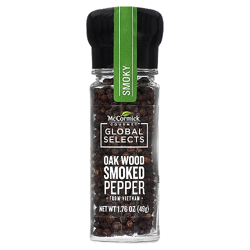McCormick Gourmet Global Selects Smoky Oak Wood Smoked Pepper, 1.76 oz
Vietnamese black peppercorns are slowly smoked over oak wood to deliver a warm smoky flavor and aroma with a bite of heat. Coarsely grind the peppercorns over soups, salads or steaks for full-bodied flavor. Vietnam is the world's top producer of black peppercorns. When ground over grilled meats, salads or soups, this pepper makes a great finishing garnish. Add also to spice rubs and seasoning blends for a smoky barbecue flavor. Elevate macaroni and cheese with a pinch of this smoked black pepper.