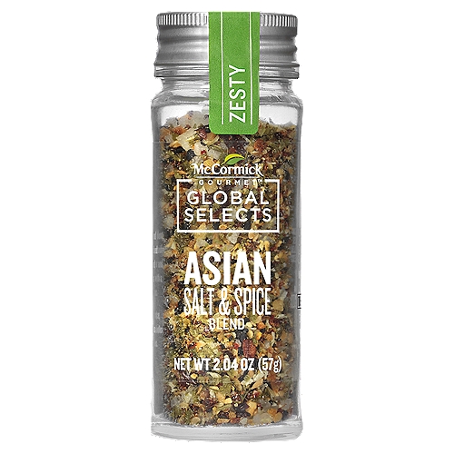 McCormick Gourmet Global Selects Asian Salt & Spice Blend, 2.04 oz
An Asian-inspired blend of coarse sea salt, crushed red pepper, ginger and sesame seeds with a delicate hint of citrus. Use as a seasoning in Asian recipes like stir-fries or sprinkle on rice, sushi, seafood, noodles and vegetables. Look no further for the perfect balance of salt, umami and spice. Thoughtfully crafted from Asian-inspired flavors like red pepper, ginger, garlic, sesame and orange peel, this impressive flavor profile lends itself to Asian and American dishes alike. Perfect for sushi, seafood, stir-fries, vegetables, and noodle and rice dishes. Sprinkle as a finishing spice and salt blend over dishes just before serving.