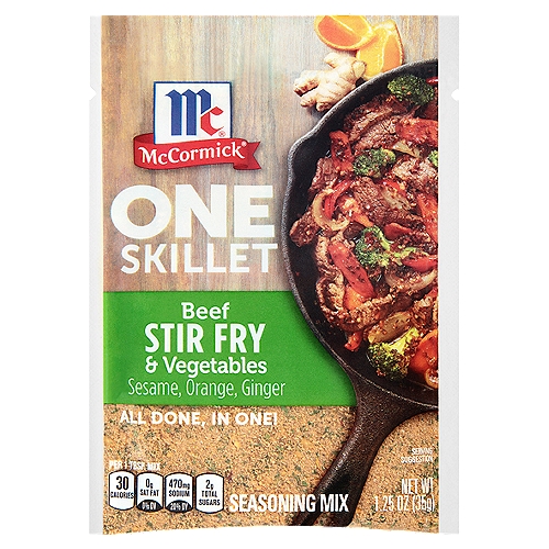 McCormick One Skillet Beef Stir Fry & Vegetables Seasoning Mix, 1.25 oz
For a meal that's as easy to make as it is to clean up after, turn to McCormick One Skillet Beef Stir Fry. Just add this Asian-inspired seasoning mix to fresh ingredients and let the skillet go to work. This special blend of sesame, orange, ginger and other spices plays perfectly with beef. We love to add broccoli, bell peppers, green beans and onions for that classic stir-fry crunch. Plus, the whole thing comes together in just one skillet—after all, you have more important things to do than dishes. To make this one-skillet meal, you will need: McCormick ONE Seasoning Mix, water, soy sauce, vegetable oil, boneless sirloin steak and assorted fresh vegetables.