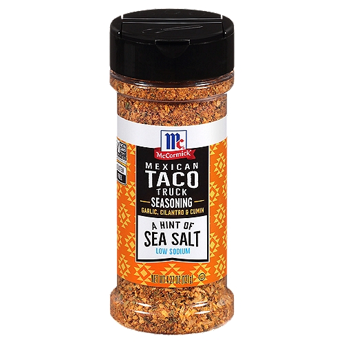 McCormick Mexican Taco Truck Seasoning, 4.27 oz
McCormick A Hint of Sea Salt Mexico Taco Truck Seasoning is a zesty blend of savory garlic and onion, tangy tomato and lime juice, and McCormick spices including chili pepper, cumin and cilantro. It brings a new level of flavor to your cooking without a lot of effort. Get ready for some mouthwatering meals with this seasoning inspired by the flavors from a Mexican taco truck. Sprinkle it on chicken, taco and fajita fillings or burrito bowls. Spice up sides like grilled corn, beans, guacamole, salsa or try our recipe for Southwestern Stuffed Sweet Potatoes. Shake this low sodium taco seasoning on everything without the guilt - it's made with a hint of sea salt with no MSG added* and is gluten free.