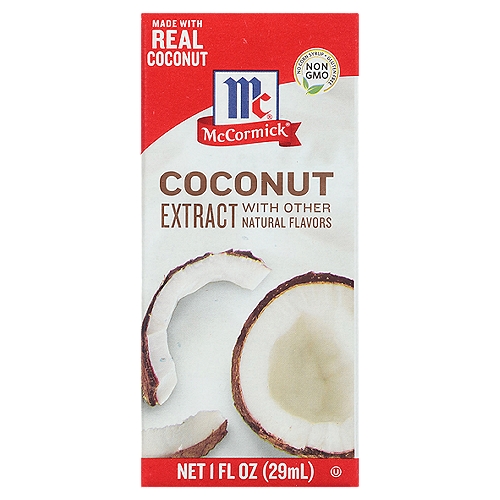 McCormick Coconut Extract With Other Natural Flavors, 1 fl oz
Take a trip to the tropics with the rich flavor of McCormick® Coconut Extract. Made with real coconut, it's a tasty addition to chocolate chip cookies, chocolate cake and tropical smoothies. Made without any artificial flavors, artificial colors or corn syrup, it's also non-GMO and gluten-free. Here at McCormick we're always working to craft the best flavors for you and your family. That's why you won't find any artificial flavors or coloring in this extract.