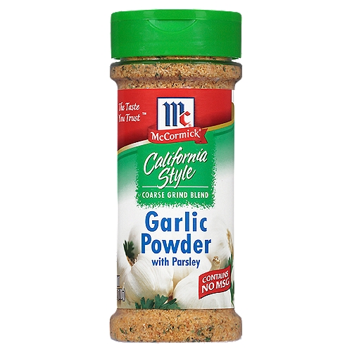 McCormick California Style Garlic Powder with Parsley is coarsely ground and then mixed with parsley for added pop. Ideal for almost any savory dish you could make in the kitchen.