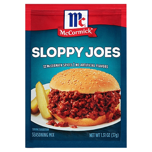 McCormick Sloppy Joes Seasoning Mix, 1.31 oz
Looking for a kid-friendly meal inspiration that's ready to serve in just 20 minutes? This delicious mix of McCormick spices with ground beef or turkey is the perfect solution. A true family favorite!
McCormick Sloppy Joes Seasoning Mix is just the right amount of sweet mixed with spice, and contains it no artificial flavors or added MSG. Our blend of paprika, chili pepper & garlic adds flavor right where it needs to be, no matter how sloppy the joe. Just add seasoning mix to your ground meat, combine with tomato paste and water, simmer and enjoy. It's easy to prepare and gives your family a fresh take on a classic meal that will have them yearning for more! Visit mcormick.com for sloppy joe variations, like pizza, meatball subs and dips.