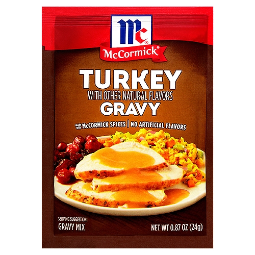 McCormick Turkey Gravy Seasoning Mix, 0.87 oz
Delicious homemade turkey gravy in 5 minutes! Made with McCormick spice and no artificial flavors, this smooth gravy deserves its own holiday. It adds savory goodness to mashed potatoes, roast turkey, roast chicken, and stuffing. With McCormick Turkey Gravy Mix, you can serve a rich grave for everyday as well as holiday meals that you can fell good about. This mix doesn't contain added MSG* or artificial flavors, so you can pour it over mashed potatoes or stuffing knowing you're serving your family gathering the very best. And it's ready in 5 minutes - just mix 1 package with a cup of water and simmer for 1 minute for a tasty holiday gravy. Use our Gravy Mix and leftover turkey to prepare pot pie and chowder recipes. *except those naturally occurring glutamates