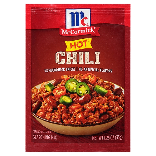 McCormick Hot Chili Seasoning Mix, 1.25 oz
From America's #1 herb and spice brand, McCormick Hot Chili Seasoning Mix adds flavor and a touch of heat to your chili. It's the perfect blend of spices for a hearty, homemade meal on chili night.
Our expertly blended Hot Chili Seasoning Mix contains no added MSG or artificial flavors. Simply stir our seasoning into your favorite chili recipe, or serve on hot dogs or nachos and enjoy the slow-cooked flavor. Perfect for tailgating, camping, parties, or that chili cookoff you've been wanting to enter. No matter how or where you serve it, your family will be coming back for more.