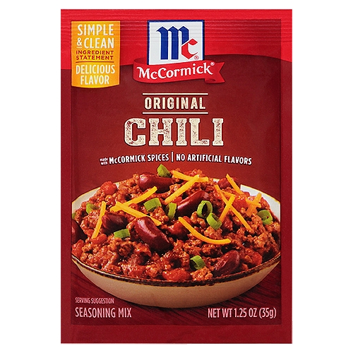 McCormick Chili Seasoning Mix, 1.25 oz
Chili night just got easier and more delicious with McCormick Chili Mix! Stir these signature all-natural spices into your favorite chili recipe, and serve up a meal everyone will love. Crafted with only the highest-quality ingredients, our expertly blended Chili Mix takes the guesswork out of dinner -- and because our mix contains no MSG, artificial flavors or added colorings, you know you're serving your family the very best.