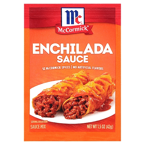 Take your enchilada sauce to the next level with a zesty blend of chili pepper, cumin, onion and garlic. McCormick Enchilada Sauce Mix brings south-of-the-border taste to your dinner table with a meal that will satisfy the whole family.nnOur convenient sauce mix makes homemade enchiladas easier than ever. Just combine with tomato sauce and water and add to browned ground beef or turkey. Roll up in corn or flour tortillas, sprinkle with cheese and bake. Use for chicken, black bean or beef enchiladas or for seasoning wings for an unexpected Tex-Mex twist party guests will love. Made with McCormick spices and no artificial flavors or added MSG*, you'll know you're serving nothing less than the best.n*Except those naturally occurring glutamates.
