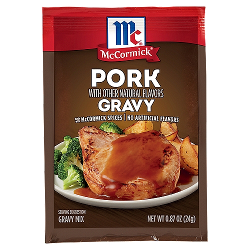 McCormick Pork Gravy Mix, 0.87 oz
McCormick Pork Gravy Mix is your shortcut to homestyle gravy in minutes. Serve this deliciously smooth gravy over holiday as well as everyday meals of roast pork, pork chops, hot meat sandwiches, mashed potatoes, noodles or stuffing.
With just 5 minutes of prep, this gravy is simple and fast. Simply whisk 1 pkg. mix with 1 cup water in a saucepan, bring to a boil, simmer for 1 minute and it's ready to serve. Made with an expert blend of McCormick spices and no artificial flavors or added MSG*, so you can pour it over pork or side dishes knowing you're serving your family the very best, without the guilt. Our versatile gravy mix is also a great recipe starter for dips.
*Except those naturally occurring glutamates.